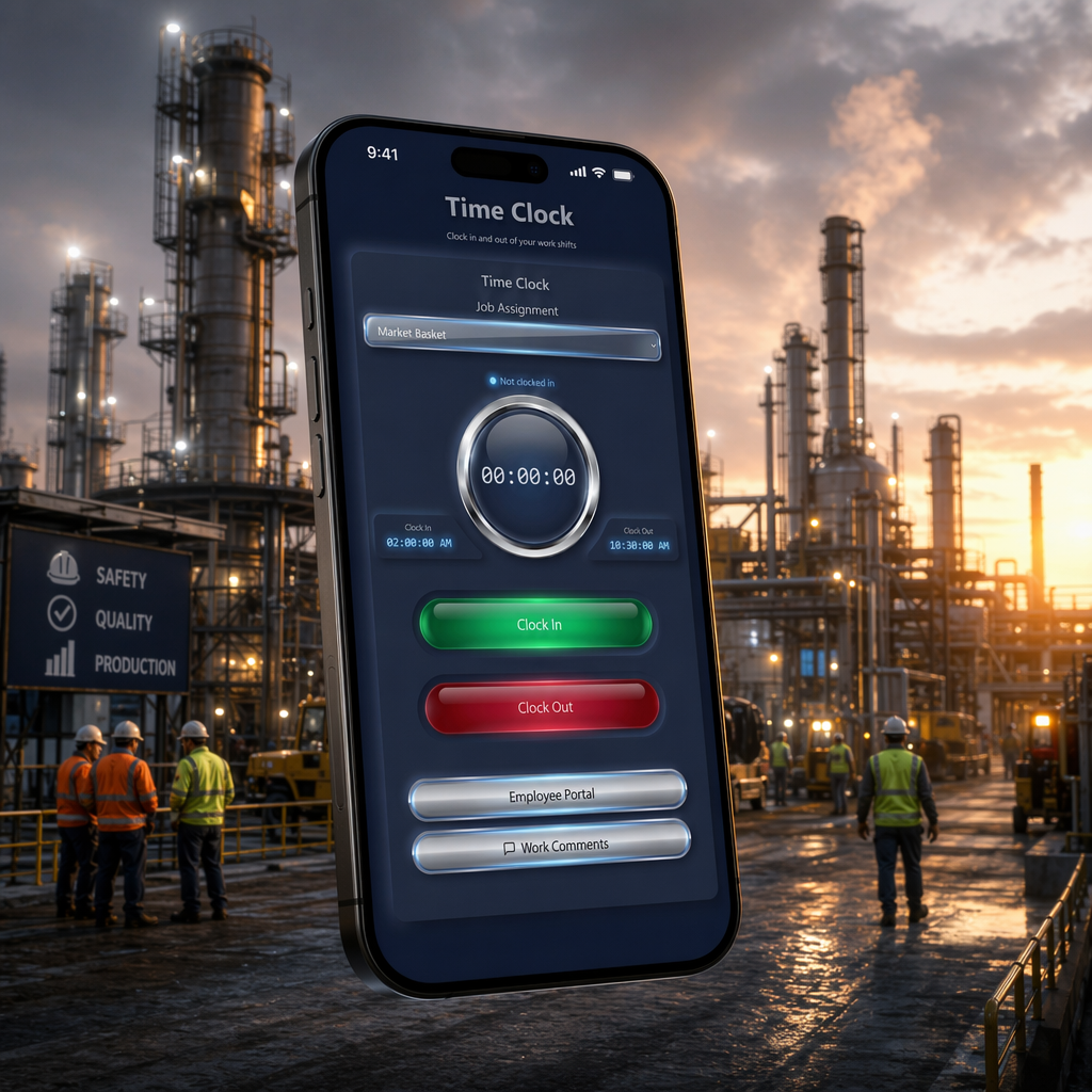 JobIQ time clock mobile interface shown over an industrial jobsite