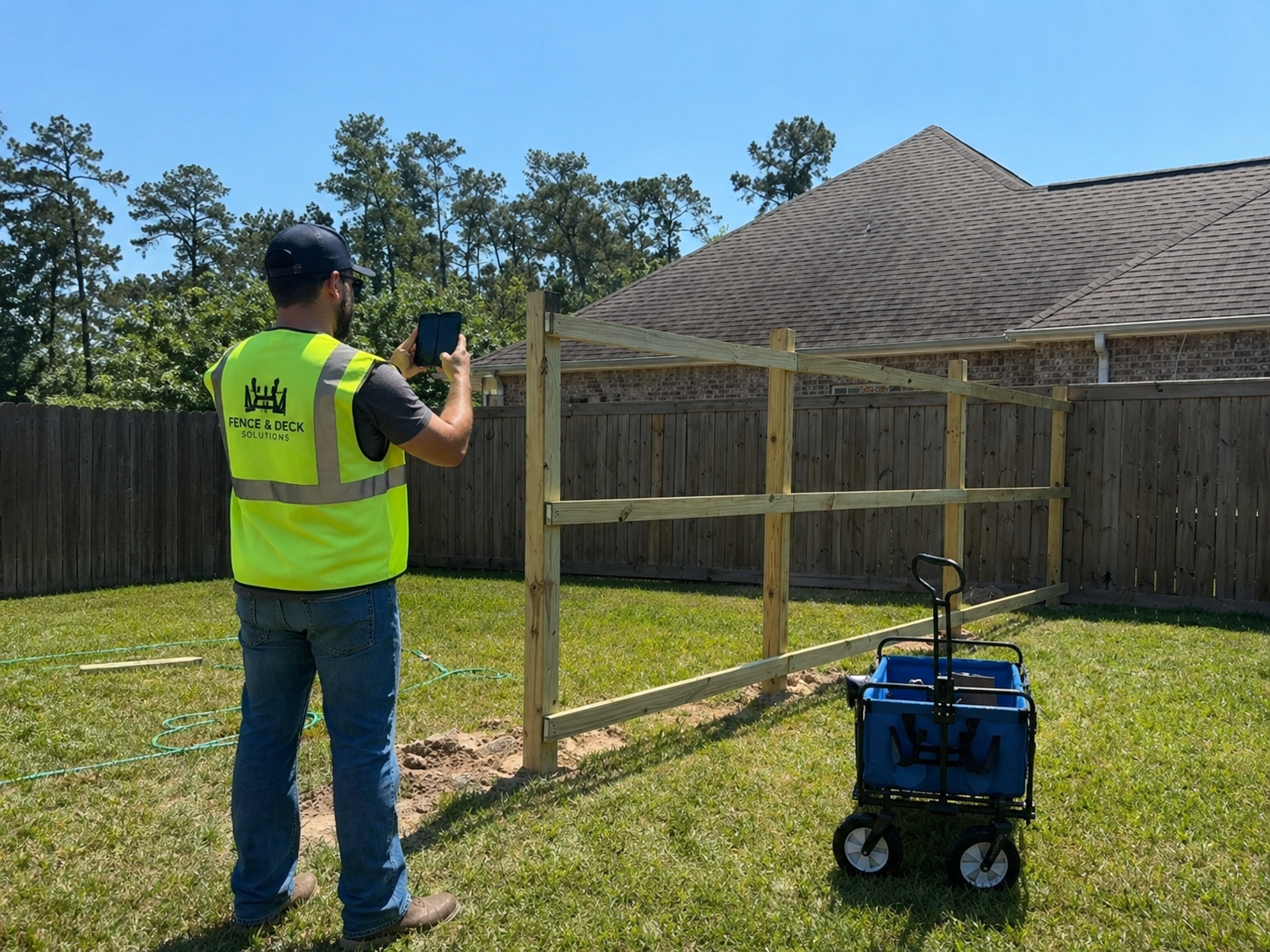 Field worker capturing job walk photos with a mobile device at a jobsite