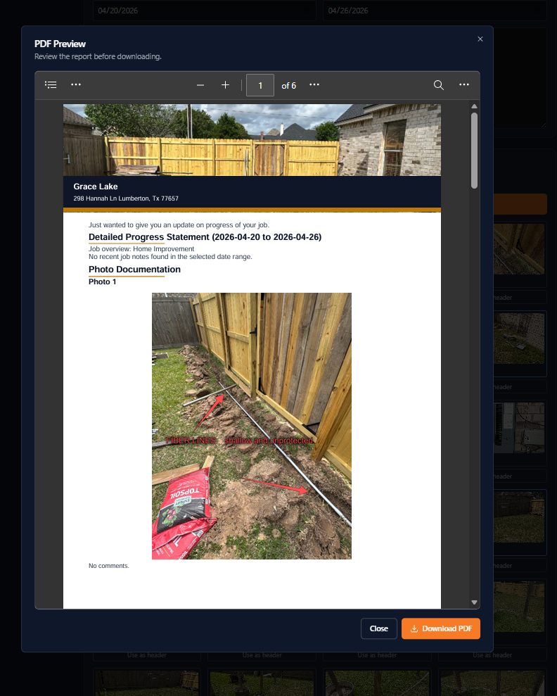 JobIQ PDF progress report preview with photo documentation