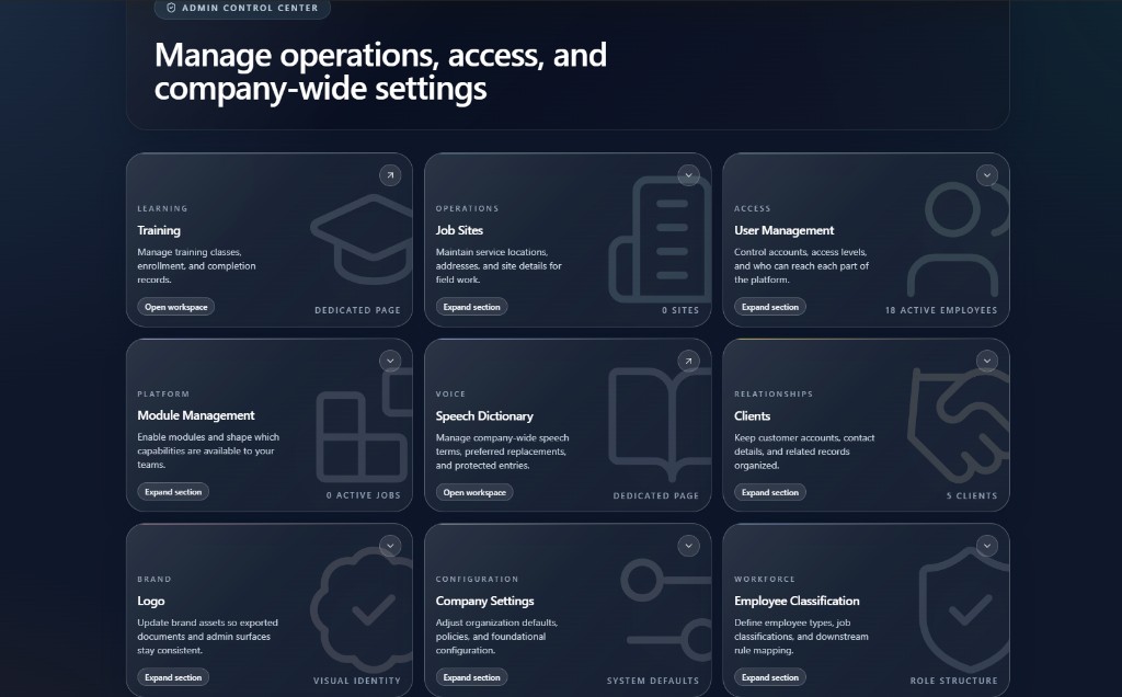 JobIQ admin control center for managing operations access and settings