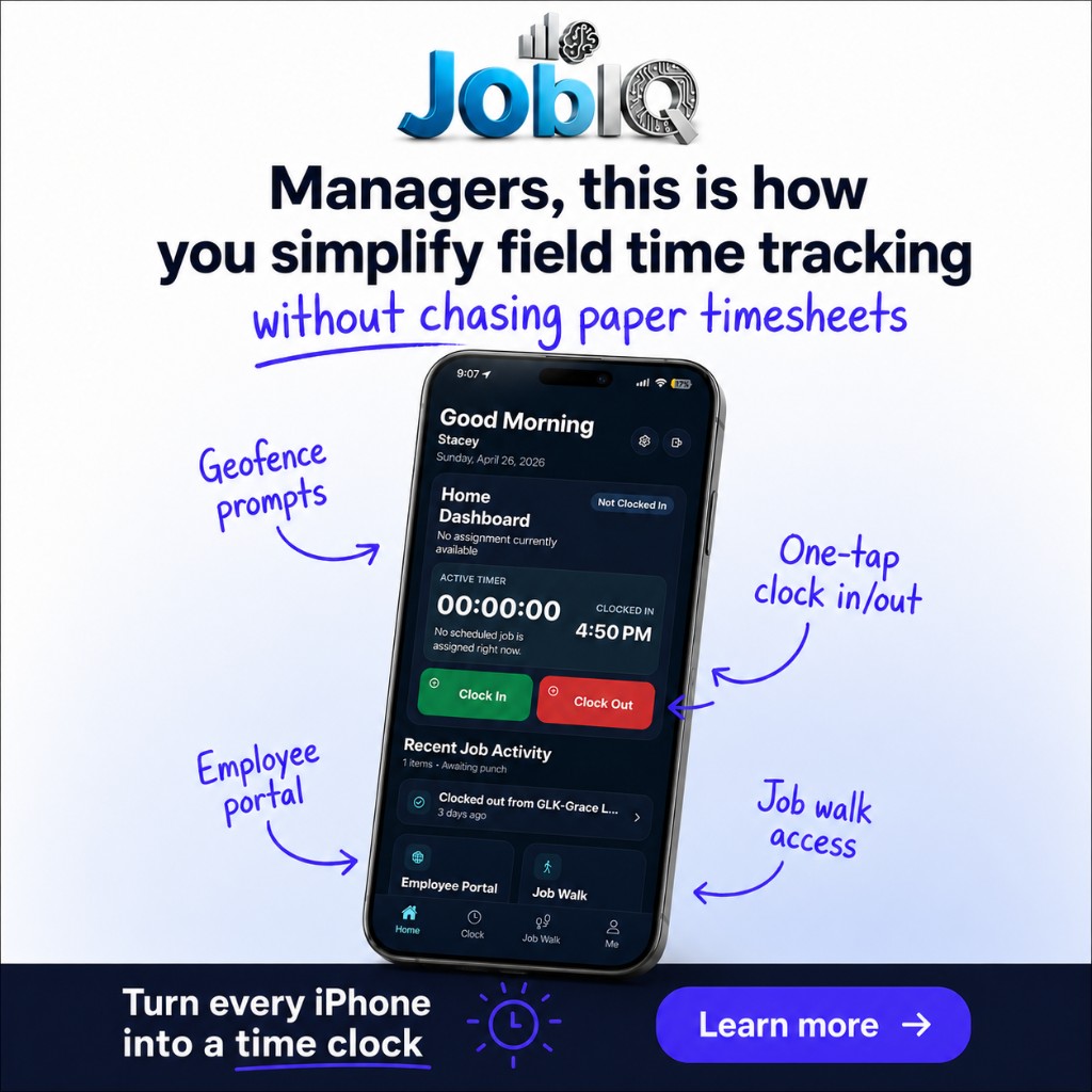 JobIQ mobile app time tracking promo with iPhone dashboard