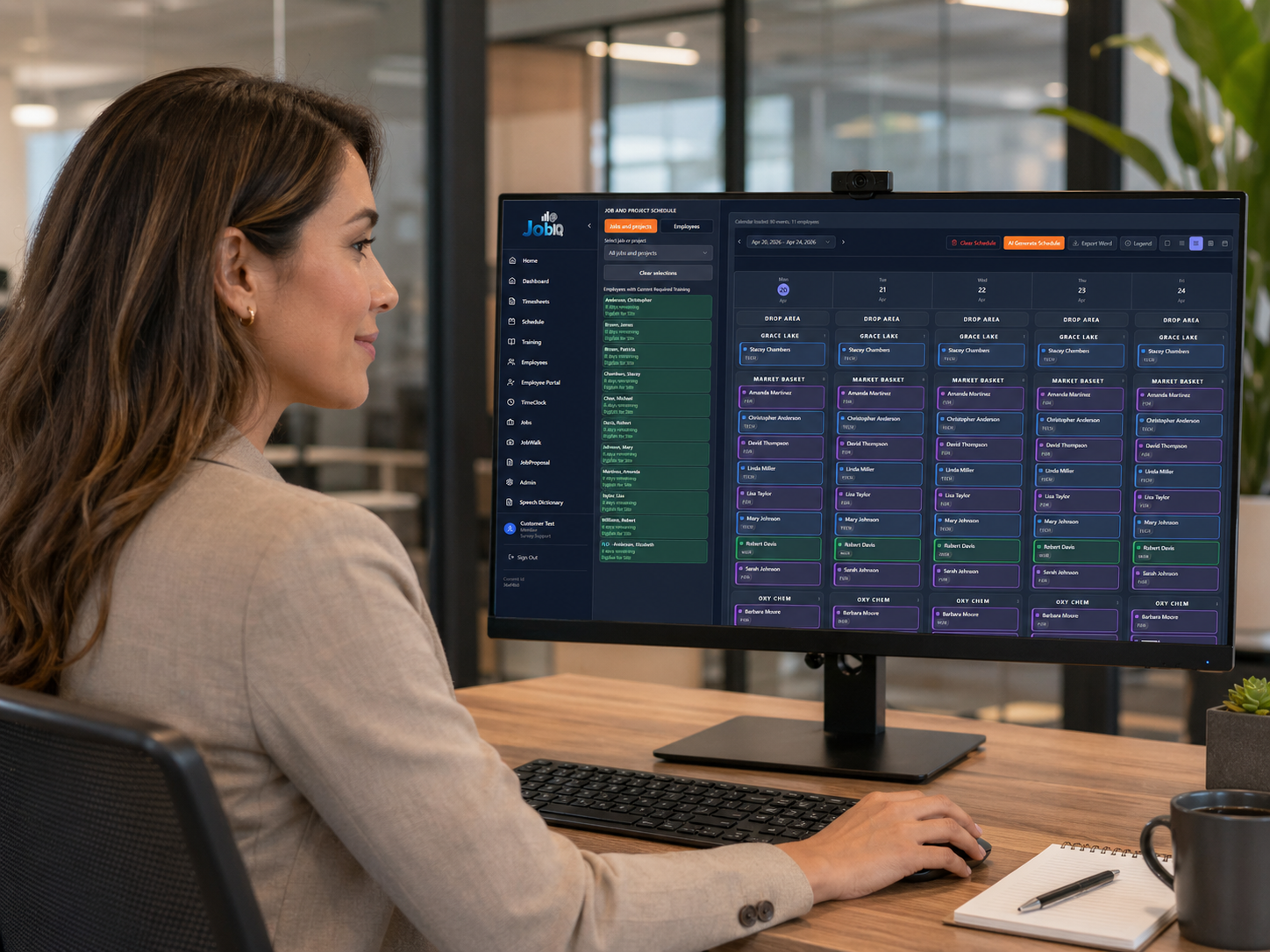 JobIQ scheduling dashboard displayed on an office monitor