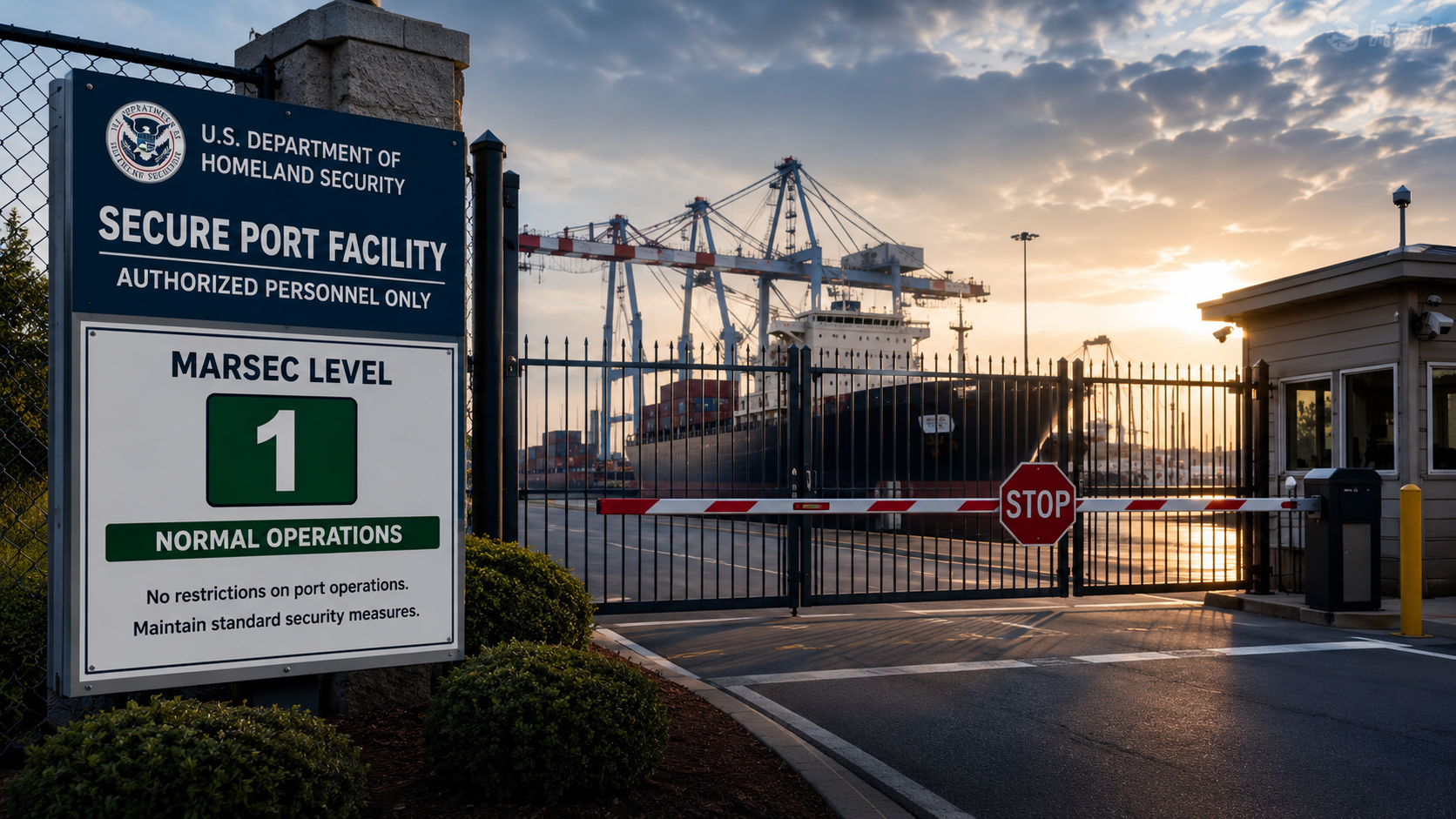 Secure port facility at MARSEC level 1 normal operations — authorized personnel gate with cranes and vessel in background