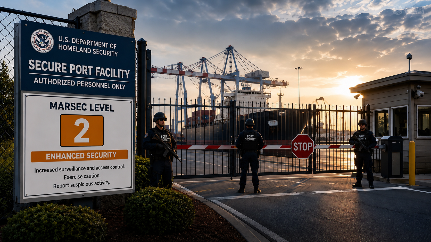 Secure port facility at MARSEC level 2 enhanced security — armed personnel at contractor gate with badge screening in effect