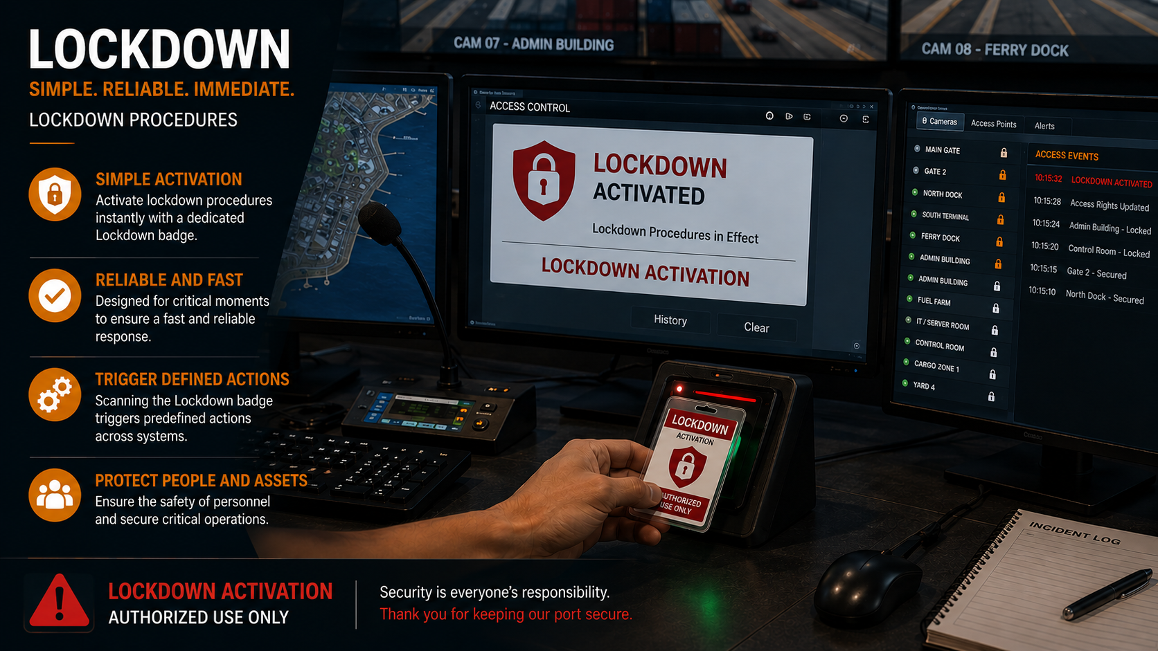 Lockdown Command Center dashboard displaying lockdown activated status with access control console, camera feeds, and badge reader in active use