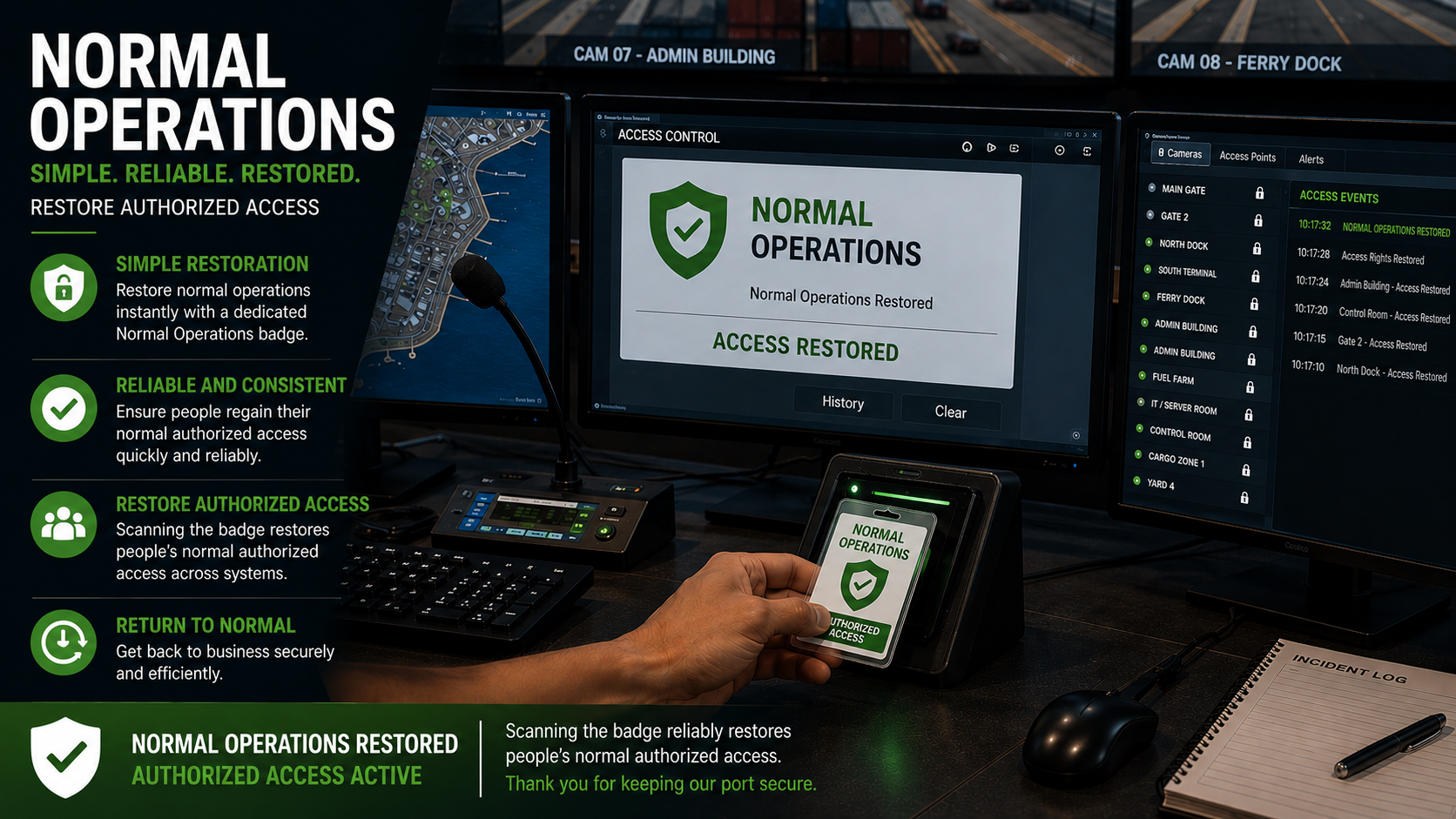 Lockdown Command Center dashboard showing normal operations restored status with access control system confirming authorized access is active
