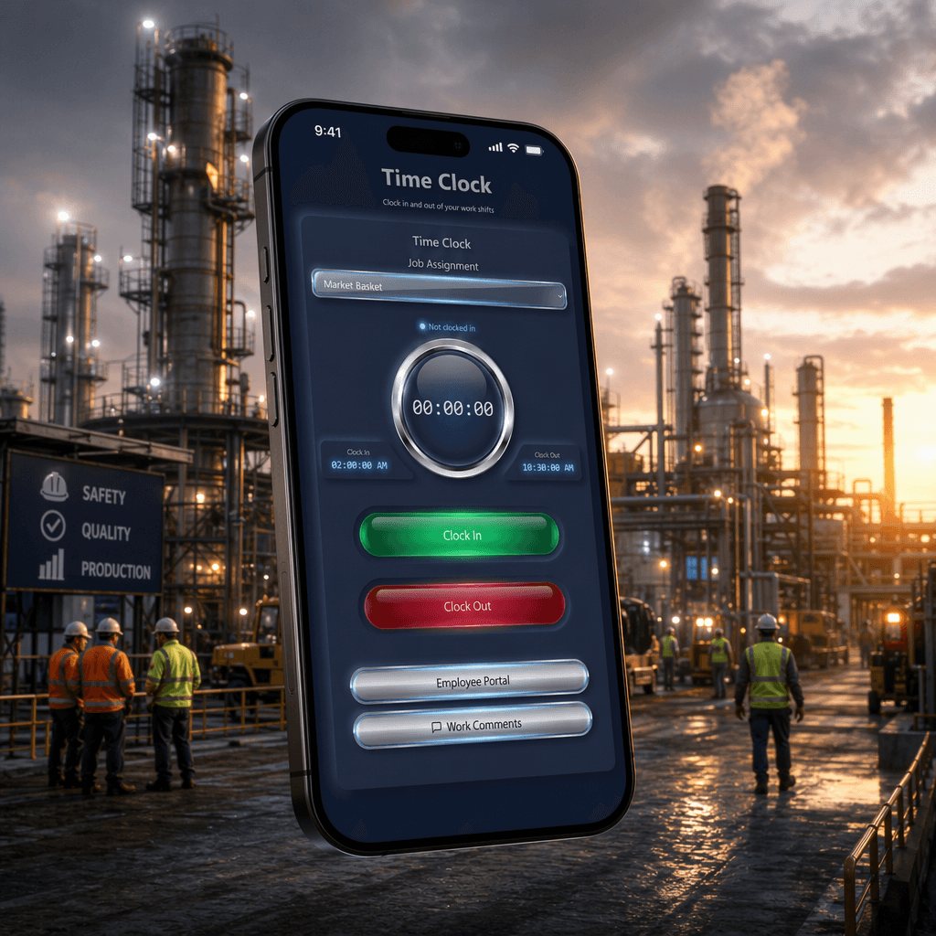 JobIQ time clock mobile interface shown over an industrial jobsite