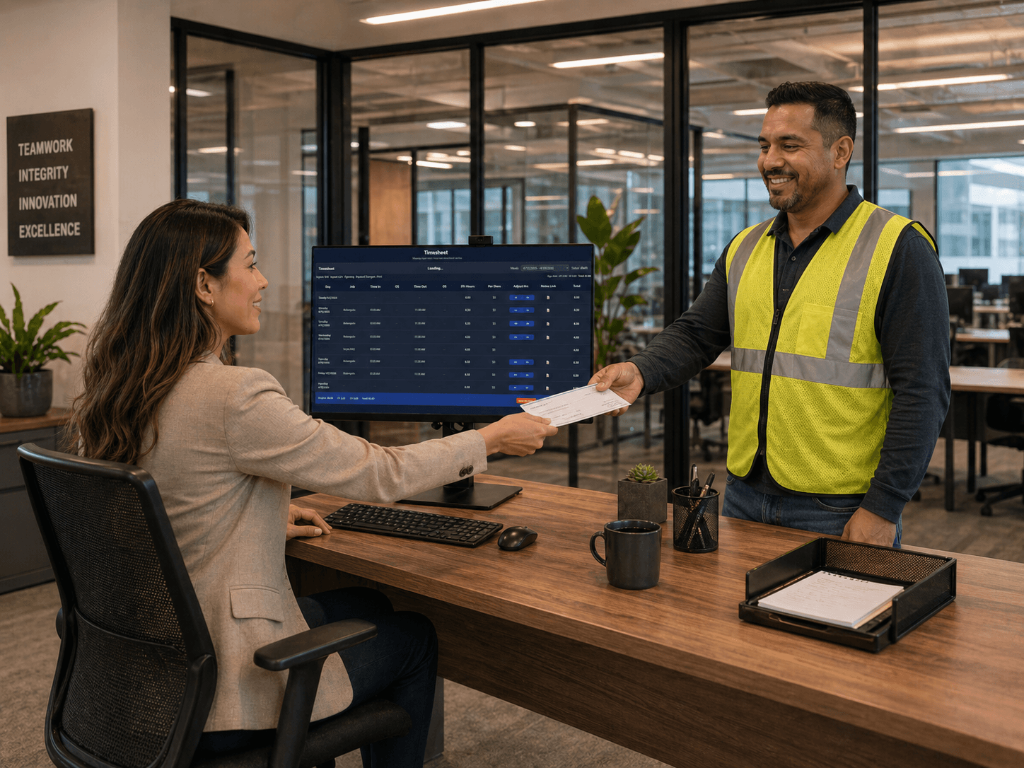 JobIQ timesheet review workflow between office staff and field employee