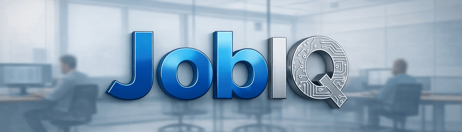 JobIQ logo on a glass office wall with staff working at desks behind it