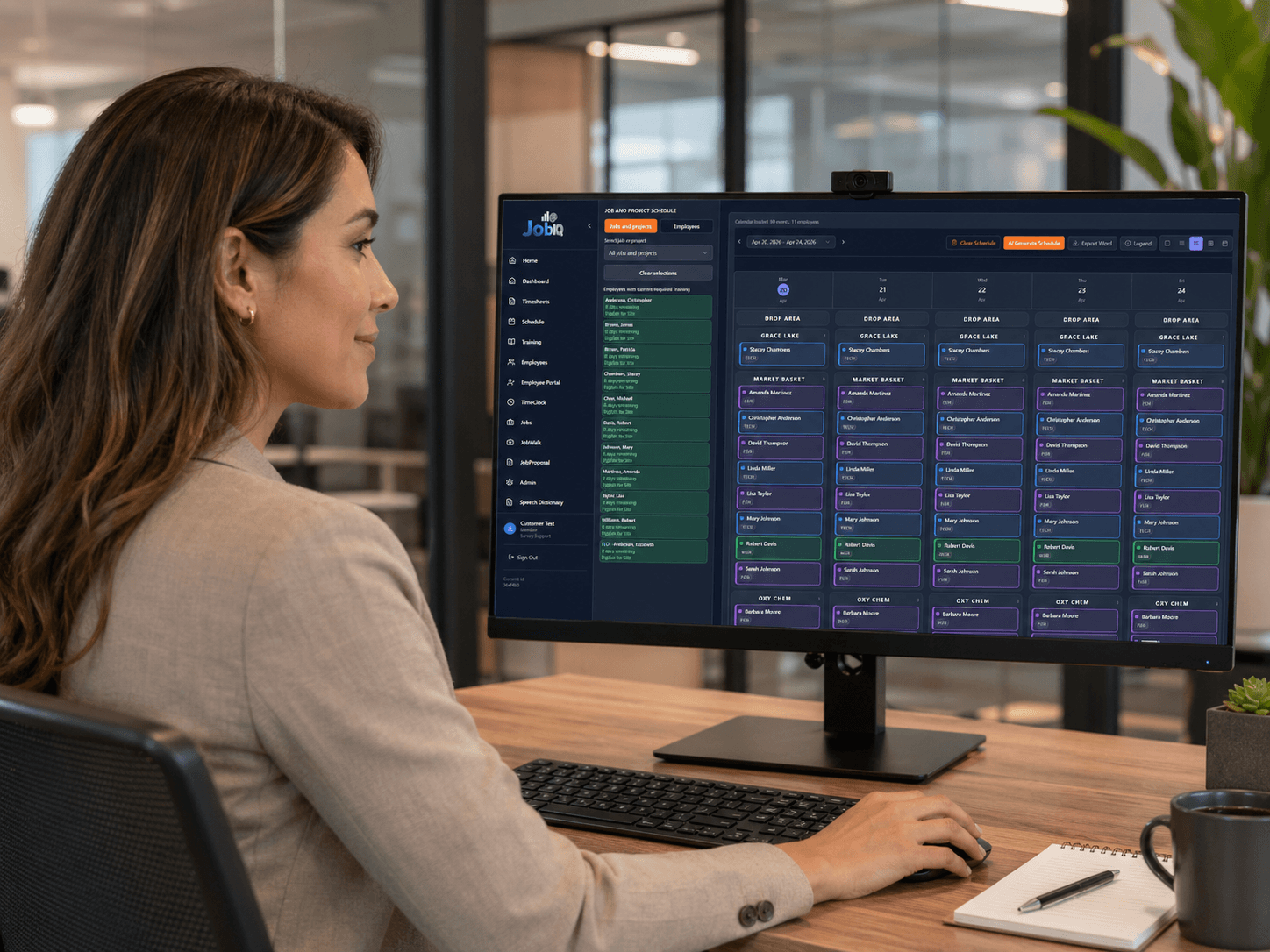 JobIQ scheduling dashboard displayed on an office monitor