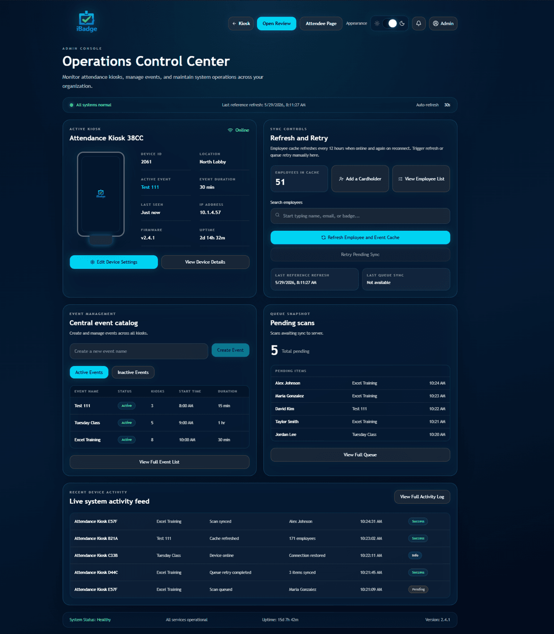 Attendi roster management and OnGuard sync admin screen