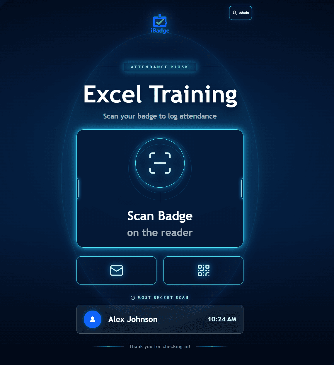 Attendi kiosk proximity badge check-in screen