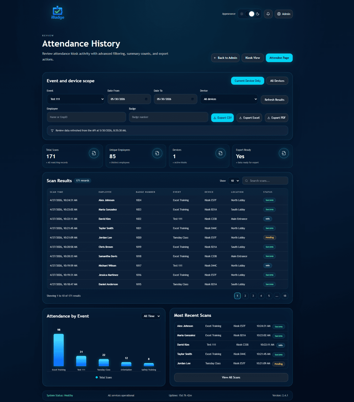Attendi attendance session report and export screen