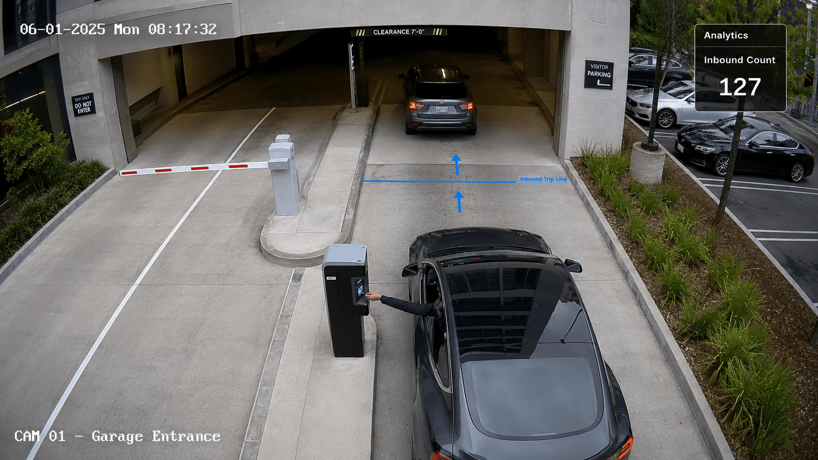 GateWatch inbound analytics camera view of a garage entrance with an inbound count overlay
