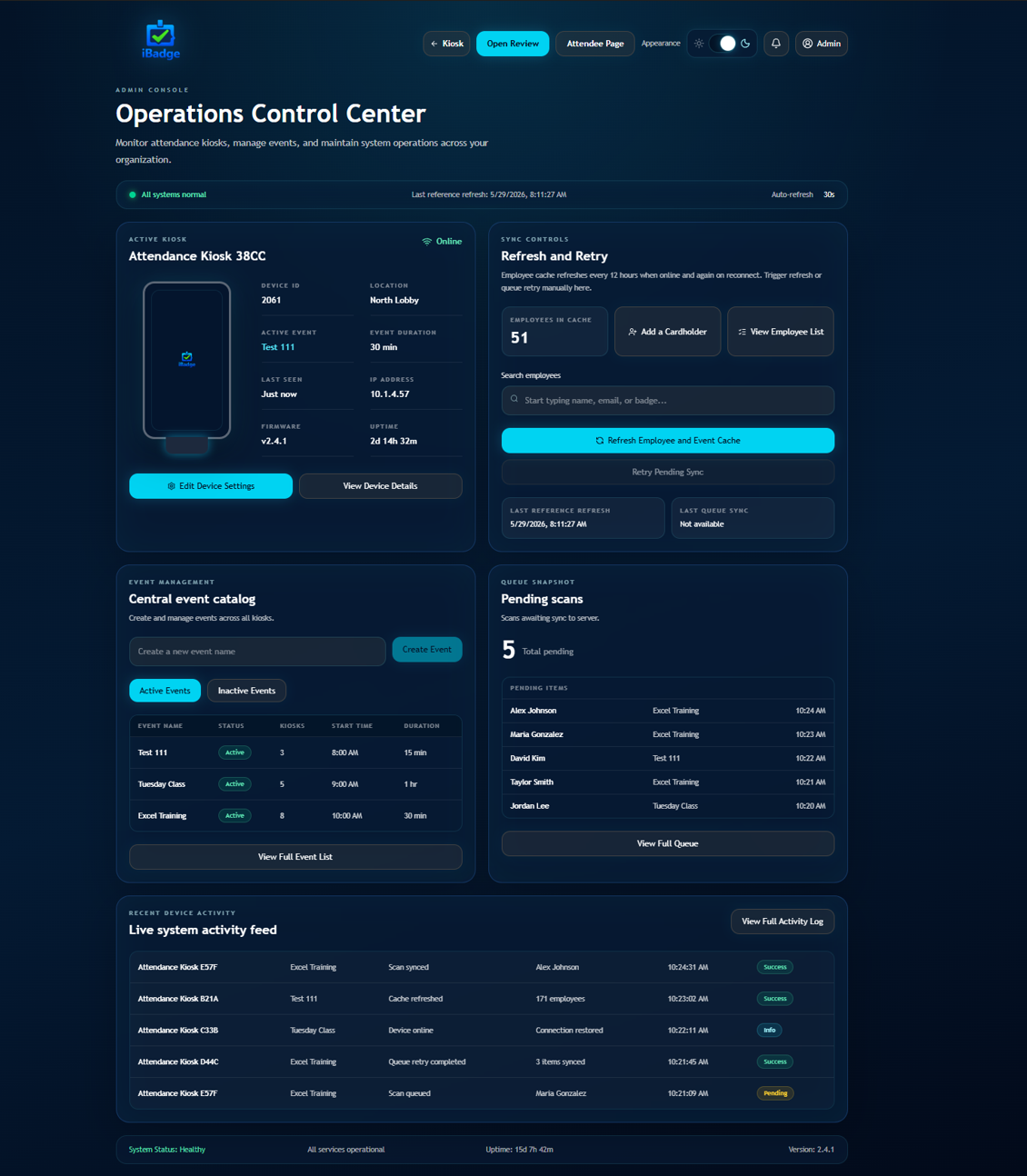 Attendi roster management and OnGuard sync admin screen